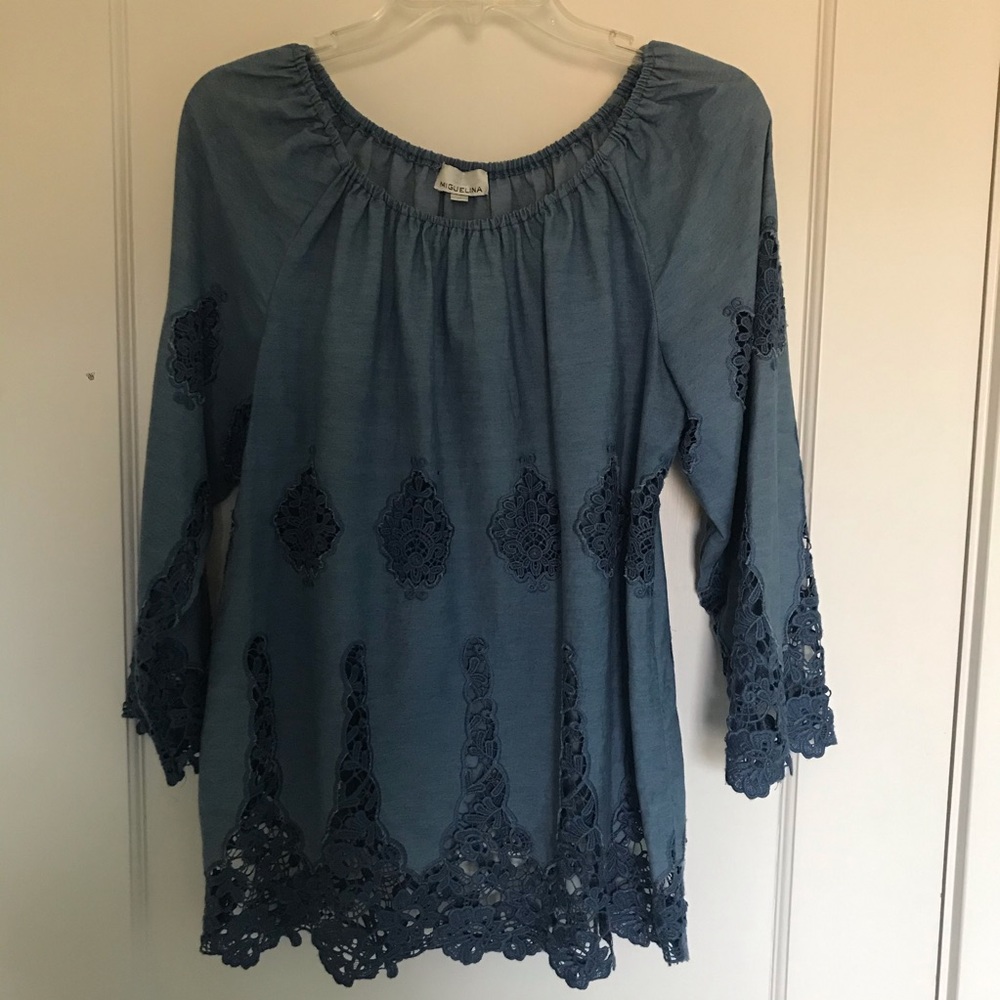Blue Lace Bell Sleeve Blouse M